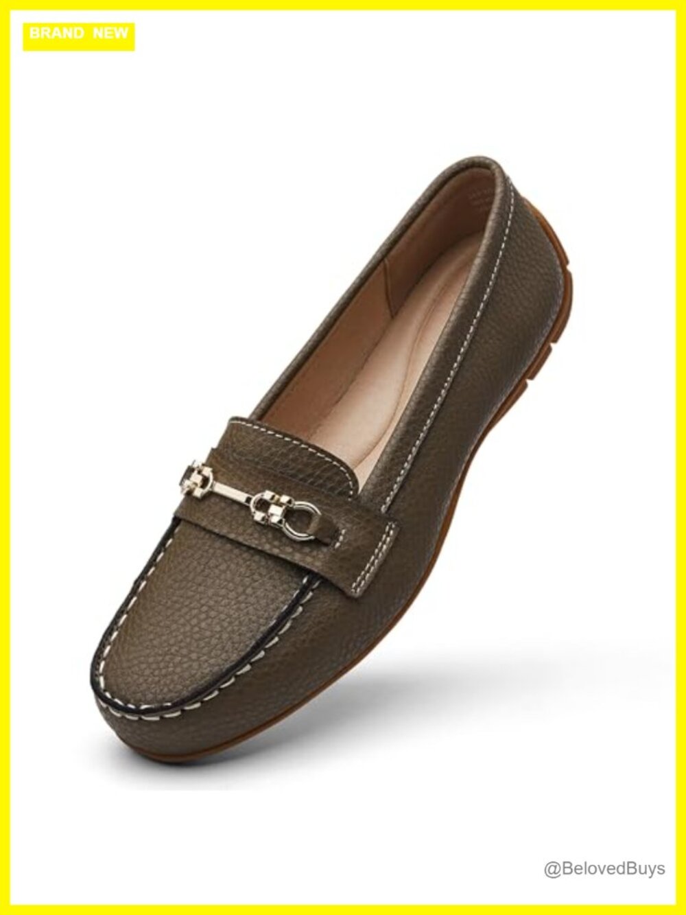 Pebbled Leather Slip-On Loafers Memory Foam Gold Buckle Comfort